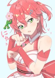 Rule 34 | 1girl, ahoge, armband, bare shoulders, belt, belt buckle, breasts, bridal gauntlets, buckle, cherry blossom print, cherry blossoms, cleavage, floral print, flower, green eyes, hair between eyes, hair flower, hair ornament, hairclip, highres, hololive, keke 0604, open mouth, paw pose, pink hair, sakura miko, sakura miko (old design), solo, virtual youtuber