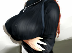 Rule 34 | 1girl, breast hold, breasts, crossed arms, covered erect nipples, head out of frame, huge breasts, jewelry, kappamaru, large breasts, long hair, necklace, original, red hair, solo, sweater, upper body