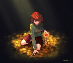 Rule 34 | 1other, androgynous, arm support, artist name, bandaged arm, bandages, blush, bob cut, brown hair, brown shorts, chara (undertale), check spoilers, closed mouth, commentary, dark, disembodied limb, field, flower, flower field, full body, glowing, gold necklace, green shirt, heart, heart necklace, heart pendant, jewelry, kneeling, leaning forward, light particles, light rays, long sleeves, looking at object, looking down, necklace, on ground, pendant, red eyes, shirt, short hair, shorts, signature, single horizontal stripe, smile, solo focus, spoilers, sunbeam, sunlight, swept bangs, tou ilie, twitter username, two-tone shirt, undertale, yellow flower, yellow shirt