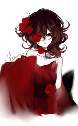 Rule 34 | 1girl, absurdres, artist name, bad id, bad pixiv id, bare shoulders, black choker, brown hair, chinese commentary, choker, collarbone, commentary request, dress, flower, hair between eyes, hair flower, hair ornament, hair over one eye, head tilt, highres, limited palette, lipstick, looking at viewer, makeup, original, red flower, red lips, red rose, rose, sheya, short hair, signature, simple background, solo, spot color, strapless, strapless dress, upper body, white background
