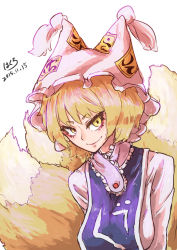 Rule 34 | 1girl, animal ears, blonde hair, commentary request, dated, dress, fox girl, fox tail, hakuro109, hat, highres, kitsune, monster girl, multiple tails, short hair, smile, solo, tabard, tail, touhou, yakumo ran, yellow eyes