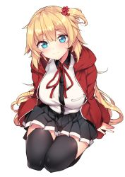 Rule 34 | 1girl, absurdres, akai haato, black skirt, black thighhighs, blonde hair, blue eyes, blush, breasts, closed mouth, commentary, from above, hair ornament, haruyuki (yukichasoba), heart, heart hair ornament, highres, hololive, hood, hooded jacket, jacket, large breasts, long hair, looking at viewer, miniskirt, one side up, red jacket, red ribbon, ribbon, seiza, sitting, sketch, skirt, smile, solo, thighhighs, thighs, very long hair, virtual youtuber, white background, zettai ryouiki