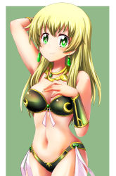 Rule 34 | 1girl, arm behind head, arm up, armor, bikini armor, blonde hair, bracer, breasts, bright pupils, carpaccio (girls und panzer), cleavage, closed mouth, commentary, cosplay, cowboy shot, dragon quest, dragon quest dai no daibouken, earrings, fujimaru arikui, girls und panzer, green eyes, hand on own chest, highres, jewelry, long hair, looking at viewer, medium breasts, navel, neck ring, outside border, princess leona, princess leona (cosplay), simple background, smile, solo, standing, white pupils