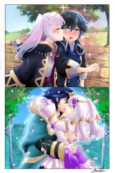 Rule 34 | 1boy, 1girl, age progression, blue hair, cherry blossoms, chrom (child) (fire emblem), chrom (crowned exalt) (fire emblem), chrom (fire emblem), couple, dress, ebrietas (arayaejiri), fire emblem, fire emblem awakening, fire emblem heroes, highres, husband and wife, kiss, kissing cheek, nintendo, official alternate costume, robin (female) (child) (fire emblem), robin (female) (fire emblem), robin (fire emblem), tiara, wedding dress, white hair