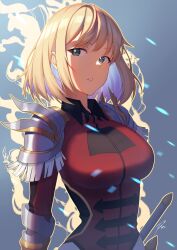 Rule 34 | 1girl, absurdres, armor, aura, black collar, blonde hair, blue eyes, breasts, cha hae-in, collar, colored inner hair, gauntlets, gradient background, highres, large breasts, long sleeves, multicolored hair, parted lips, raise094, red uniform, short hair, shoulder armor, shoulder guard, simple background, solo, solo leveling, sword, two-tone hair, upper body, watermark, weapon