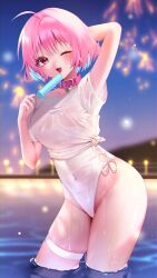 Rule 34 | 1girl, absurdres, ahoge, arm behind head, belt, belt collar, blue hair, blurry, blurry background, blush, bob cut, breasts, choker, collar, collarbone, colored inner hair, covered navel, educk, fingernails, fireworks, food, glint, groin, hair intakes, heart-shaped lock, heart collar, highres, idolmaster, idolmaster cinderella girls, idolmaster cinderella girls starlight stage, large breasts, light blue hair, looking at viewer, multicolored hair, night, night sky, one-piece swimsuit, one eye closed, open mouth, pink belt, pink choker, pink collar, pink eyes, pink hair, popsicle, shirt, short sleeves, side-tie one-piece swimsuit, sky, smile, solo, swimsuit, t-shirt, thigh strap, thighs, tied shirt, two-tone hair, wading, water, wet, white one-piece swimsuit, white shirt, yumemi riamu