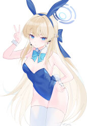 Rule 34 | 1girl, absurdres, animal ears, ass, blonde hair, blue archive, blue bow, blue bowtie, blue eyes, blue halo, blue leotard, bow, bowtie, breasts, closed mouth, cowboy shot, detached collar, fake animal ears, halo, highres, kiriii, leotard, long hair, looking at viewer, medium breasts, official alternate costume, rabbit ears, simple background, solo, strapless, strapless leotard, thighhighs, toki (blue archive), toki (bunny) (blue archive), v, white background, white thighhighs, wrist cuffs