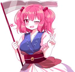 Rule 34 | 1girl, blue dress, blush, breasts, cleavage, coin, coin on string, cowboy shot, dress, hair bobbles, hair ornament, holding, holding scythe, holed coin, japanese clothes, kaoling, looking at viewer, o-ring, obi, one eye closed, onozuka komachi, open mouth, puffy short sleeves, puffy sleeves, red eyes, red hair, sash, scythe, short hair, short sleeves, simple background, solo, star (symbol), touhou, upper body, v, white background