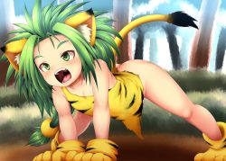 Rule 34 | 1girl, 2019, all fours, animal ear fluff, animal ears, animal hands, animal print, bare shoulders, bottomless, breasts, bush, cat ears, cat girl, cham cham, forest, gloves, green eyes, grey hair, light blush, long hair, lower teeth only, machimote taikou, nature, open mouth, paw gloves, paw shoes, samurai spirits, small breasts, spiked hair, spread legs, tail, teeth, tiger ears, tiger girl, tiger paws, tiger print, tiger tail, tongue, tree, upper teeth only