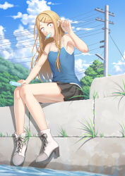 Rule 34 | 1girl, anarchojs, ankle boots, bare legs, blonde hair, boots, camisole, chinese commentary, cloud, commentary request, cross-laced footwear, dagashi kashi, day, ear piercing, endou saya, food, full body, hair ornament, hairclip, high heel boots, high heels, highres, lace-up boots, long hair, looking at viewer, mouth hold, outdoors, piercing, pleated skirt, popsicle, sanpaku, sitting, skirt, sky, solo, tree, water, yellow eyes