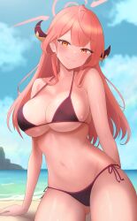 Rule 34 | 1girl, absurdres, arm behind back, aru (blue archive), beach, bikini, black bikini, blue archive, blue sky, breasts, closed mouth, cloud, day, halo, highres, horns, large breasts, light smile, long hair, looking at viewer, navel, ocean, orange eyes, outdoors, pink hair, ryokuchabushi, sitting, skindentation, sky, solo, stomach, strap gap, swimsuit, thighs, yellow eyes