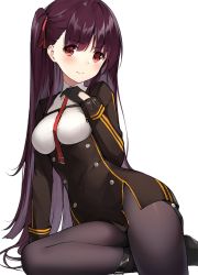 Rule 34 | 1girl, arm support, between breasts, black footwear, black gloves, black pantyhose, breasts, buttons, closed mouth, collared shirt, double-breasted, gin00, girls&#039; frontline, gloves, hair ribbon, hand up, highres, long hair, long sleeves, looking at viewer, medium breasts, military, military uniform, one side up, pantyhose, purple hair, red eyes, red neckwear, red ribbon, ribbon, shirt, shoes, simple background, sitting, solo, uniform, very long hair, wa2000 (girls&#039; frontline), white background, yokozuwari