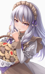 Rule 34 | 1girl, :t, apron, braid, commentary request, cookie, dress, fire emblem, fire emblem: three houses, fire emblem heroes, food, grey apron, grey background, grey hair, hand up, juliet sleeves, long hair, long sleeves, looking at viewer, lysithea von ordelia, maid, maid headdress, nintendo, official alternate costume, official alternate hairstyle, puffy sleeves, purple eyes, simple background, solo, ten (tenchan man), upper body, white dress