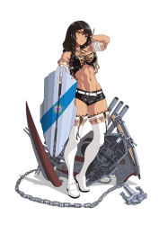 Rule 34 | 1girl, absurdres, anchor, azur lane, bare shoulders, black hair, boots, braid, breasts, brown eyes, commentary request, copyright name, crop top, dark-skinned female, dark skin, feather hair ornament, feathers, hair between eyes, feather hair ornament, hair ornament, highres, jewelry, large breasts, long hair, looking at viewer, machinery, md5 mismatch, native american, navel, necklace, photoshop (medium), renirevenge, rigging, shield, shorts, solo, south dakota (azur lane), tan, thigh boots, thighhighs, thighhighs under boots, title, turret, white background, white footwear