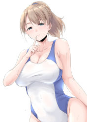 Rule 34 | 1girl, blue eyes, blush, breasts, brown hair, cleavage, closed mouth, collarbone, competition swimsuit, cowboy shot, groin, highres, index finger raised, intrepid (kancolle), kantai collection, large breasts, multicolored clothes, multicolored swimsuit, one-piece swimsuit, ponytail, short hair, simple background, smile, solo, swimsuit, takomeshi, white background