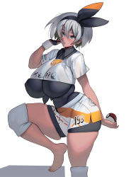 Rule 34 | 1girl, alternate breast size, barefoot, bea (pokemon), black bow, blue eyes, bow, breasts, commentary request, creatures (company), dark-skinned female, dark skin, feet, game freak, gym leader, hair bow, highres, huge breasts, kouno (masao), leg lift, nintendo, poke ball, poke ball (basic), pokemon, pokemon swsh, short hair, short shorts, shorts, silver hair, simple background, skindentation, solo, thick thighs, thighs, toes, white background, white legwear