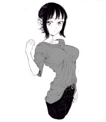 Rule 34 | 1girl, bad id, bad pixiv id, belt, black hair, black pants, closed mouth, collarbone, cross, cross earrings, dende (dndn222), earrings, facing viewer, greyscale, highres, jewelry, looking to the side, medium bangs, monochrome, original, pants, scan, scan artifacts, shirt tucked in, solo, standing, traditional media