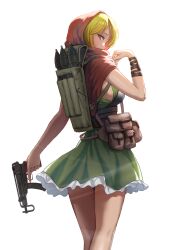 Rule 34 | 1girl, arm wrap, backpack, bag, blonde hair, breasts, capelet, commentary, cowboy shot, dress, frilled dress, frills, from behind, green dress, gun, highres, holding, holding gun, holding weapon, hood, hood up, hooded capelet, looking at viewer, looking back, medium breasts, original, pencil pusher, pouch, red capelet, red eyes, rocket launcher, rpg (weapon), short dress, simple background, skorpion vz. 61, solo, standing, submachine gun, trigger discipline, weapon, white background