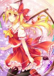 Rule 34 | 1girl, bad id, bad pixiv id, black thighhighs, blonde hair, collared shirt, embodiment of scarlet devil, female focus, flandre scarlet, from side, gradient background, hat, mob cap, red eyes, shirt, side ponytail, solo, thighhighs, touhou, white hat, wings, yunaminato, yuuna minato