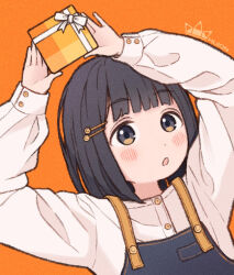 Rule 34 | 1girl, 1ssakawaguchi, arms up, black hair, blunt bangs, blush, bob cut, brown eyes, gift, hair ornament, hairclip, highres, holding, holding gift, long sleeves, looking at viewer, open mouth, orange background, original, overalls, short hair, simple background, upper body, valentine