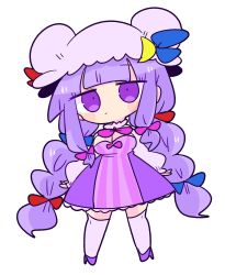 Rule 34 | 1girl, alternate hairstyle, blue bow, bow, braid, breasts, crescent, crescent hat ornament, double bun, dress, hair bow, hair bun, hat, hat ornament, high heels, highres, kneehighs, large breasts, long hair, mob cap, op na yarou, patchouli knowledge, pink bow, purple eyes, purple footwear, purple hair, purple socks, red bow, short hair, simple background, socks, solo, striped clothes, striped dress, touhou, vertical-striped clothes, vertical-striped dress, very long hair, white background
