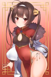 Rule 34 | 1girl, ahoge, azur lane, blush, breasts, brown hair, china dress, chinese clothes, cleavage, coat, commentary request, covered navel, dress, fur collar, hair tubes, hairband, hechi (hechi322), long hair, looking at viewer, medium breasts, panties, ping hai (azur lane), red eyes, side-tie panties, solo, twintails, underwear, white panties