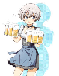 Rule 34 | 00tea, 10s, 1girl, alcohol, apron, beer, blush, kantai collection, open mouth, short hair, simple background, skirt, solo, waist apron, white background, z1 leberecht maass (kancolle)