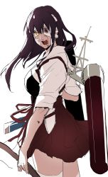 Rule 34 | 10s, 1girl, akagi (kancolle), angry, bandages, blood, bow (weapon), brown eyes, brown hair, injury, japanese clothes, kantai collection, long hair, muneate, quiver, ruuto (sorufu), solo, weapon