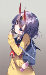 Rule 34 | 1girl, bag, black sailor collar, blush, collarbone, commentary request, fate/grand order, fate (series), gradient background, grey background, head tilt, headpiece, highres, holding, horns, long sleeves, looking at viewer, olive (laai), oni, purple eyes, purple hair, red neckwear, sailor collar, school bag, school uniform, serafuku, shuten douji (fate), skin-covered horns, sleeves past wrists, solo, sweater, thick eyebrows, tongue, tongue out, water, yellow sweater
