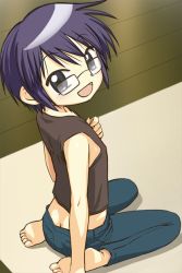 Rule 34 | barefoot, black shirt, butt crack, denim, glasses, haruyama kazunori, hidamari sketch, jeans, pants, purple hair, sae (hidamari sketch), shirt, sitting, soles, wariza