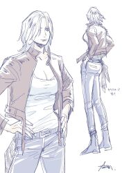 Rule 34 | 1girl, azuma xoxo 9, blue eyes, breasts, dante (devil may cry), denim, devil may cry (series), devil may cry 5, genderswap, genderswap (mtf), highres, holding, jeans, looking at viewer, pants, shirt, smile, solo, t-shirt, white hair