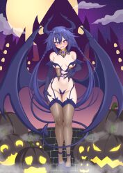 Rule 34 | 1girl, @ @, absurdres, alternate costume, ankokuboshi kurome, bare shoulders, black gloves, black wings, blue gloves, blue wings, blush, braid, breasts, castle, commission, crimsle, demon girl, demon horns, demon tail, demon wings, detached collar, elbow gloves, embarrassed, full body, full moon, garter straps, gloves, groin, hair between eyes, halloween, halloween costume, hand on own hip, hand on own stomach, hand up, highres, hip focus, horns, legs, legs together, long hair, looking at viewer, medium breasts, moon, navel, neptune (series), night, night sky, open mouth, outdoors, pixiv commission, pumpkin, revealing clothes, shin jigen game neptune vii, sky, solo, star (sky), starry sky, surprised, tail, tail around own leg, thigh gap, thighhighs, thighs, twin braids, twintails, underboob, very long hair, wings