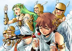 1girl angel angel_wings armlet blue_sky centurion_(kid_icarus) chain controller diadem food game_controller gold_chain green_hair helmet jewelry kid_icarus kid_icarus_uprising laurel_crown nintendo open_mouth palutena pit_(kid_icarus) poiv popcorn sky tears thighhighs white_thighhighs wii_remote winged_helmet wings