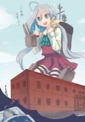 Rule 34 | 10s, 2girls, ahoge, blue neckerchief, building, clenched hands, closed eyes, dark-skinned female, dark skin, day, dreaming, futon, giant, giantess, glasses, grey hair, kantai collection, kiyoshimo (kancolle), long hair, long sleeves, multiple girls, musashi (kancolle), neckerchief, open mouth, pantyhose, platinum blonde hair, pleated skirt, purple eyes, purple skirt, red skirt, sarashi, shirt, skirt, sky, sleeping, smokestack, sparkle, thigh strap, torpedo, translated, turret, twintails, under covers, utopia, very long hair, white legwear, white shirt