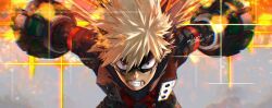 1boy angry bakugou_katsuki belt blonde_hair boku_no_hero_academia explosion explosive eye_mask grenade highres male_focus mkm_(mkm_storage) red_eyes short_hair solo spiked_hair superhero_costume teeth