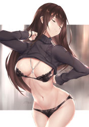 Rule 34 | 1girl, arm behind back, black bra, blush, bra, breasts, brown hair, cleavage, closed eyes, clothes lift, fate/grand order, fate (series), grey sweater, hair between eyes, hair intakes, jewelry, large breasts, long hair, long sleeves, navel, necklace, panties, parfaitlate, pendant, scathach (fate), smile, sweater, sweater lift, thighs, underwear, wristband