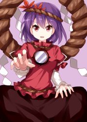 Rule 34 | 1girl, :d, arm ribbon, breasts, brown skirt, commentary request, hair between eyes, hair ornament, highres, leaf hair ornament, long sleeves, looking at viewer, medium breasts, mirror, open mouth, puffy short sleeves, puffy sleeves, purple background, purple hair, reaching, reaching towards viewer, red eyes, red shirt, ribbon, rope, ruu (tksymkw), shide, shimenawa, shirt, short hair, short sleeves, simple background, sitting, skirt, smile, solo, touhou, white ribbon, yasaka kanako