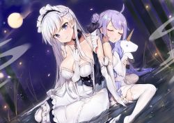 Rule 34 | 2girls, absurdres, apron, azur lane, bad id, bad pixiv id, bare shoulders, belfast (azur lane), black ribbon, blue eyes, blush, braid, breasts, broken, broken chain, chain, cleavage, closed mouth, collar, collarbone, dress, elbow gloves, french braid, frilled apron, frilled gloves, frills, full moon, gloves, hair bun, highres, index finger raised, large breasts, long hair, looking at viewer, maid headdress, moon, multiple girls, night, night sky, hugging object, one side up, purple hair, ribbon, side bun, silver hair, single hair bun, single side bun, sitting, sky, small breasts, smile, stuffed animal, stuffed toy, stuffed unicorn, unicorn (azur lane), water, white apron, white dress, white gloves, yayoichi (yoruyoru108)