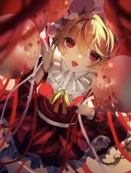 Rule 34 | 1girl, absurdres, balloon, belt, black footwear, blonde hair, bow, bowtie, breasts, buttons, commentary request, dress, eyelashes, fang, flandre scarlet, footwear bow, frills, gradient background, grey belt, grey bow, grey socks, hair between eyes, hands up, hat, highres, kneehighs, leg up, long sleeves, looking away, medium breasts, mob cap, multicolored background, no wings, orange background, puffy long sleeves, puffy sleeves, purple background, purple hat, red dress, red eyes, red theme, reflection, shoes, short hair, socks, solo, standing, standing on one leg, tape, teeth, toho sweet, touhou, white background, yellow bow, yellow bowtie