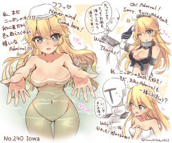 Rule 34 | 10s, 1boy, 1girl, ;p, bath, blonde hair, blue eyes, breasts, character name, cleavage, dojikko pose, elbow gloves, english text, engrish text, faceless, faceless male, fingerless gloves, gloves, groin, highres, iowa (kancolle), kantai collection, large breasts, long hair, military, military uniform, mixed-sex bathing, naval uniform, navel, no nipples, no pussy, nude, one eye closed, outstretched arms, partially submerged, ranguage, shared bathing, spread arms, star-shaped pupils, star (symbol), suzuki toto, symbol-shaped pupils, t-head admiral, tongue, tongue out, towel, towel on head, translation request, uniform, white gloves