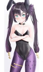 1girl absurdres alternate_costume animal_ears aqua_eyes asymmetrical_bangs bare_arms bare_shoulders black_choker black_hair black_hairband black_leotard blush bow breasts choker cleavage collarbone cowboy_shot crossed_arms dokimaru fake_animal_ears genshin_impact hair_between_eyes hair_bow hairband highres jewelry leotard long_hair mona_(genshin_impact) neck necklace pantyhose playboy_bunny purple_bow purple_pantyhose rabbit_ears serious shy small_breasts solo standing strapless strapless_leotard thighlet twintails very_long_hair white_background