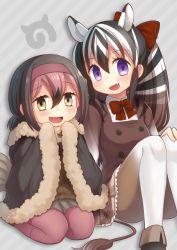 Rule 34 | 10s, 2girls, :d, animal ears, ankle boots, bad id, bad pixiv id, beige skirt, bird tail, black hair, blush, boots, brown footwear, brown legwear, brown shirt, brown sweater, buttons, capelet, collar, collared shirt, commentary request, diagonal stripes, dodo (kemono friends), empty eyes, eyelashes, fang, frilled skirt, frills, fur-trimmed capelet, fur collar, fur trim, gradient legwear, green skirt, grey background, hair between eyes, hair ornament, hair ribbon, hairband, hand on own knee, hands up, height difference, japari symbol, kemono friends, knees up, long sleeves, looking at viewer, multicolored clothes, multicolored hair, multicolored legwear, multiple girls, nakamura hinato, neck ribbon, open mouth, pantyhose, pink footwear, pink hair, pink legwear, plaid, plaid skirt, pleated skirt, purple eyes, quagga (kemono friends), quagga ears, quagga tail, red ribbon, ribbon, seiza, shadow, shirt, short hair, sitting, skirt, smile, striped, striped background, sweater, tail, tareme, trait connection, two-tone hair, two-tone legwear, white hair, white legwear, wide sleeves, yellow eyes
