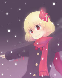 Rule 34 | 10s, 1girl, 2014, alternate costume, blonde hair, dated, dra (area-s), outstretched arms, red eyes, rumia, scarf, short hair, smile, solo, touhou