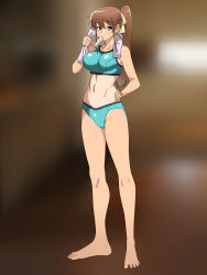 Rule 34 | 1girl, bare arms, bare legs, bare shoulders, barefoot, blue eyes, breasts, brown hair, eyebrows, feet, food, full body, hand on own hip, highres, ice cream, kagemusha, large breasts, legs, long hair, looking at viewer, mouth hold, navel, original, ponytail, shiny clothes, simple background, solo, sports bra, standing, sweat, thighs, toes, towel