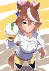 Rule 34 | 1girl, absurdres, alternate costume, animal ears, blue eyes, bow, breasts, brown hair, commentary request, cup, disposable cup, drinking straw, ear ornament, grin, hair between eyes, hand on own hip, highres, himuraanzu, hood, hood down, hoodie, horse ears, horse girl, horse tail, long hair, long sleeves, looking at viewer, medium breasts, multicolored hair, one eye closed, pink bow, ponytail, smile, solo, streaked hair, tail, textless version, tokai teio (umamusume), umamusume, very long hair, white hair, white hoodie