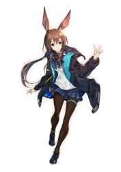 Rule 34 | 1girl, absurdres, amiya (arknights), animal ears, arknights, artist name, black footwear, black jacket, black pantyhose, blue eyes, blue neckwear, blue skirt, brown hair, commentary request, full body, gin (oyoyo), hair between eyes, hand up, highres, jacket, jewelry, light smile, long hair, long sleeves, looking at viewer, low ponytail, miniskirt, open clothes, open jacket, pantyhose, partial commentary, plaid, plaid skirt, pleated skirt, rabbit ears, revision, ribbed shirt, ring, shirt, shoes, simple background, skirt, solo, thighlet, thumb ring, twitter username, white background, white shirt