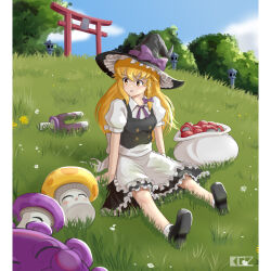 absurdres apron black_shoes black_skirt black_vest blonde_hair blue_sky bow breasts cloud edz_drawz gloom-shroom_(plants_vs_zombies) grass hat highres hill kirisame_marisa magnet-shroom_(plants_vs_zombies) mushroom open_mouth plants_vs_zombies puff-shroom_(plants_vs_zombies) purple_bow purple_ribbon ribbon sack shirt shoes skirt sky sleeping sun-shroom_(plants_vs_zombies) torii touhou vest white_shirt wide-eyed witch witch_hat yellow_eyes