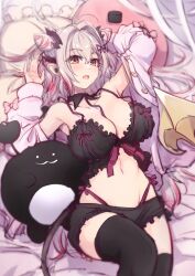 Rule 34 | 1girl, armpits, black bra, black skirt, black thighhighs, blush, bow, bra, breasts, brown eyes, cleavage, commentary request, cone hair bun, demon girl, demon horns, demon tail, earbuds, earbuds charging case, earphones, feet out of frame, frilled bra, frilled skirt, frills, grey hair, hair between eyes, hair bun, highres, horns, indie virtual youtuber, jyaco, large breasts, long hair, looking at viewer, lying, medium bangs, miniskirt, multicolored hair, navel, on back, open clothes, open mouth, open shirt, pillow, pink bow, pink hair, pink shirt, pointy ears, shirt, skirt, sleeve bow, solo, streaked hair, suou patra, tail, thighhighs, two-tone hair, underwear, virtual youtuber