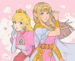 Rule 34 | 2girls, blonde hair, blue eyes, blush, crown, dress, earrings, gloves, highres, jewelry, jivke, long hair, looking at viewer, mario (series), multiple girls, nintendo, one eye closed, open mouth, pink dress, pointy ears, princess peach, princess zelda, smile, super smash bros., the legend of zelda, the legend of zelda: a link between worlds, the legend of zelda: a link to the past, tiara, triforce