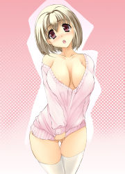Rule 34 | 1girl, :o, ar tonelico, ar tonelico iii, areola slip, blonde hair, blush, bottomless, breasts, collarbone, covering privates, covering crotch, gust, kagura tsukune, large breasts, looking at viewer, naked sweater, no bra, off shoulder, open mouth, purple eyes, saki (ar tonelico), shirt tug, short hair, solo, sweater, thigh gap, thighhighs, thighs, white thighhighs